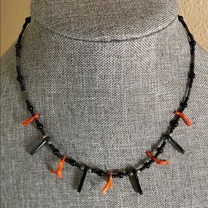 Genuine Coral & Black Beaded Necklace – 16” – Artisan Style